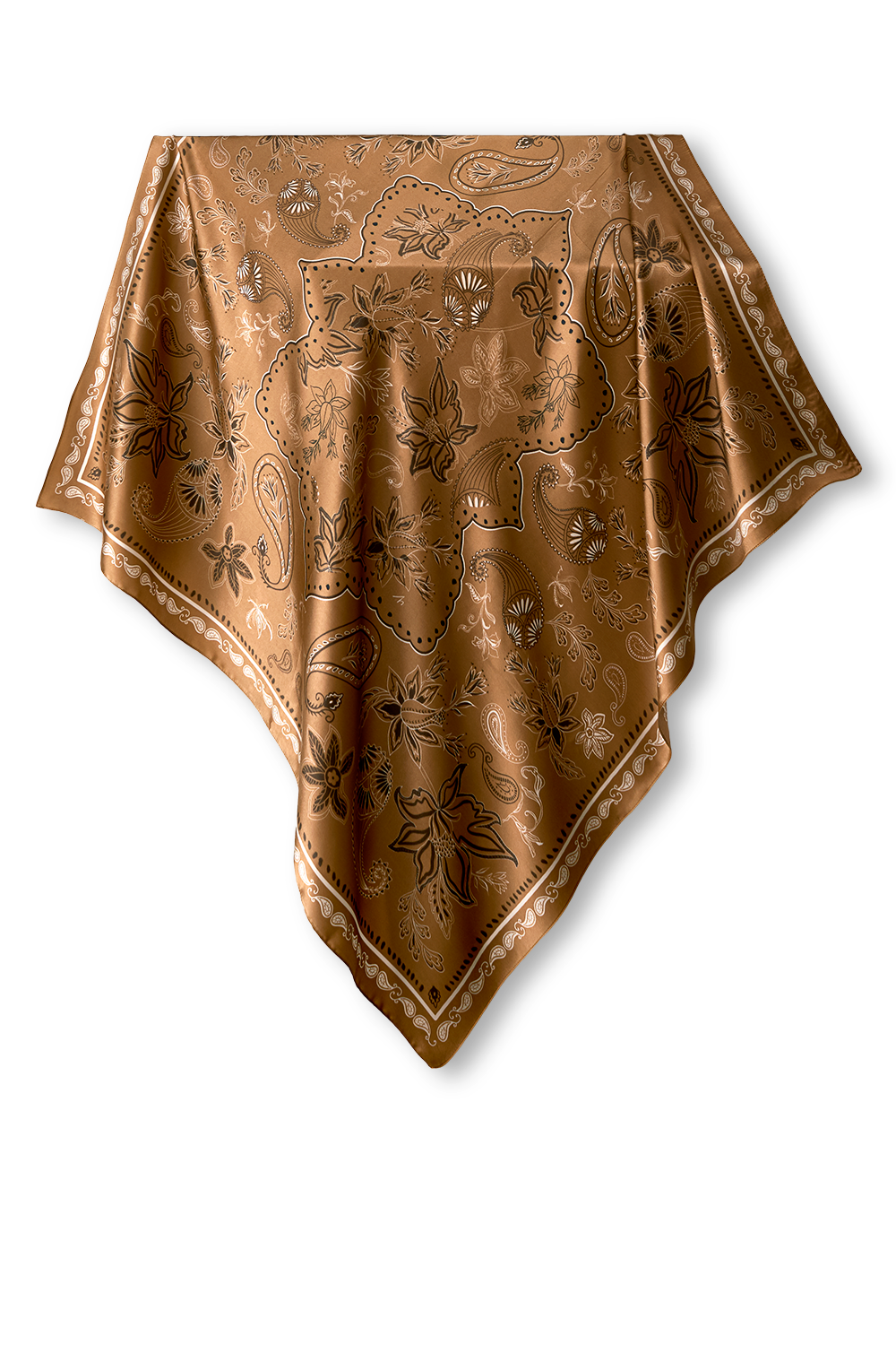 Lenço de seda com estampa e detalhes em tom marrom, perfeito para acessórios de moda e estilo clássico.