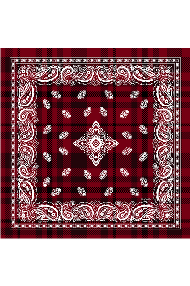 Imagem de lenço de bandana vermelho com detalhes brancos formando um padrão, sobre um fundo de tecido xadrez vermelho e preto.