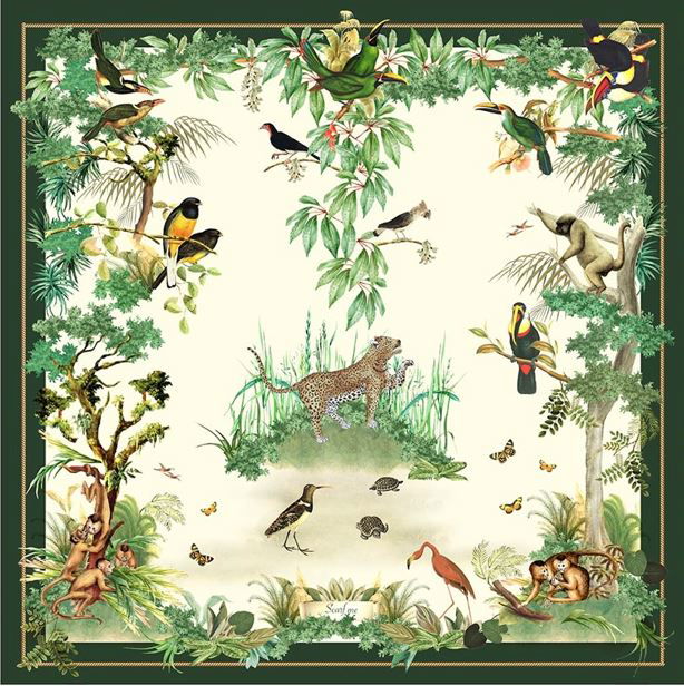 Imagem da estampa do lenço para pescoço Fauna. Ilustração detalhada de floresta tropical com diversos animais, incluindo tucanos, macacos, jaguar, pássaros e borboletas, em um ambiente exuberante e selvagem, representando a biodiversidade.