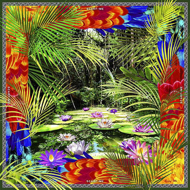 Imagem vibrante da estampa do lenço paisagem amazônia. Ilustração de paisagem de floresta com lago de nenúfares coloridos, rodeada por folhagens verdes, com uma moldura colorida e detalhada, destacando a beleza da natureza exuberante.