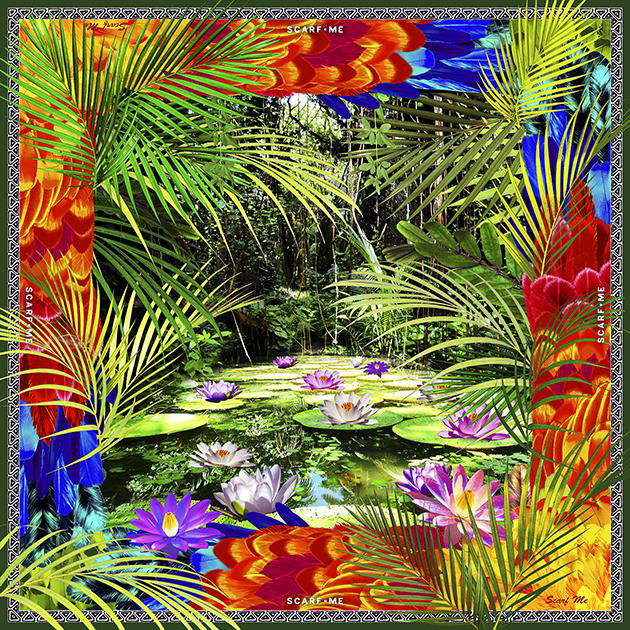 Imagem vibrante da estampa do lenço paisagem amazônia. Ilustração de paisagem de floresta com lago de nenúfares coloridos, rodeada por folhagens verdes, com uma moldura colorida e detalhada, destacando a beleza da natureza exuberante.