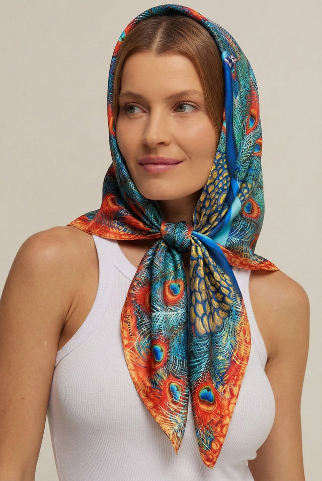 Mulher com cabelos castanhos usa lenço colorido com estampa de penas de pavão, vestindo camiseta branca, sorrindo levemente e olhando para o lado.