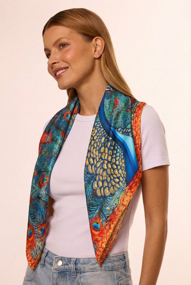Mulher com cabelo castanho claro usando blusa branca e lenço no pescoço com estampa de penas de pavão nas cores azul, verde e laranja.