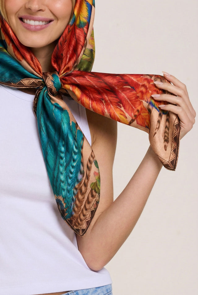 Mulher sorrindo usando lenço no pescoço de seda com cores vibrantes e estampa de penas, destacando-se pela moda e estilo fashion, transmitindo elegância e sofisticação.