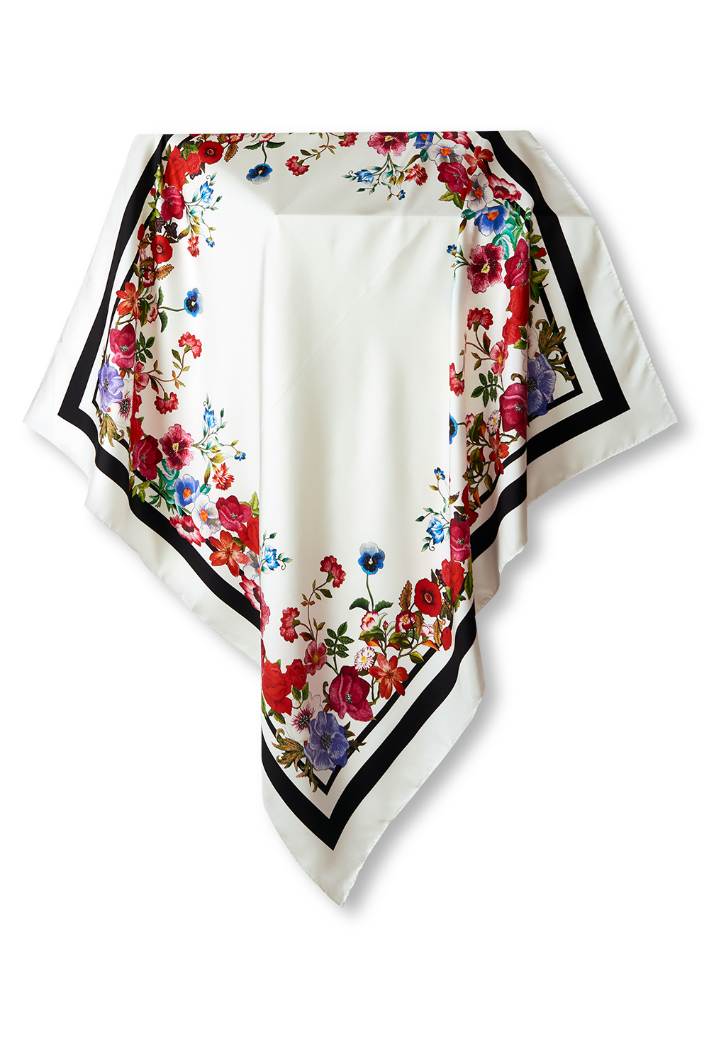 Lenço Floral Bordado off white em twill de seda | 110x110cm
