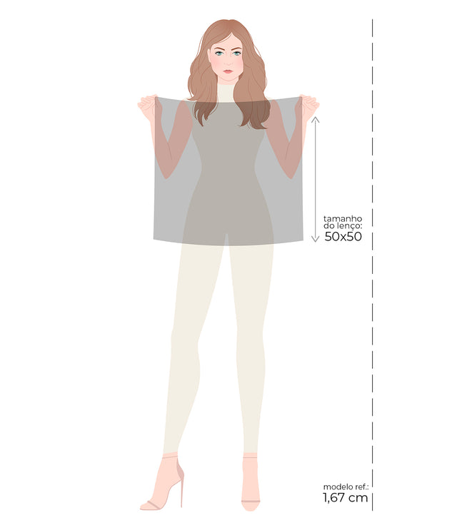 Imagem demonstrativa do tamanho do lenço intensidade vermelho, 50 cm por 50 cm.