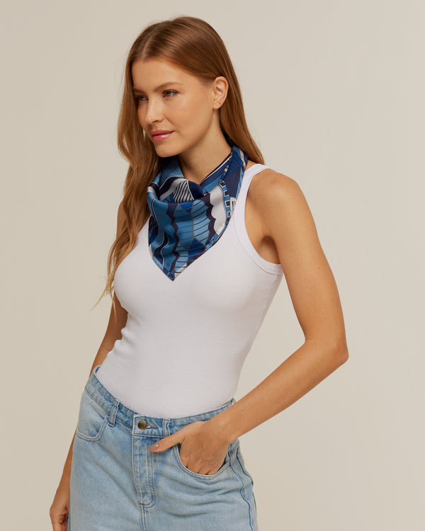 Modern Dubai blue scarf in polyester satin | 50x50cm