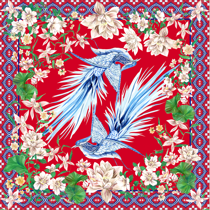 Lenço Pássaros Oriente em cetim de seda | 65x65cm