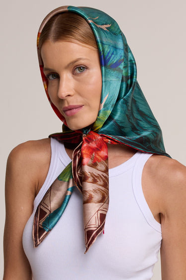 Feather Scarf Headdress in silk satin | 90x90cm