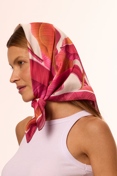 Pink Foliage Scarf in Polyester Satin | 70x70cm