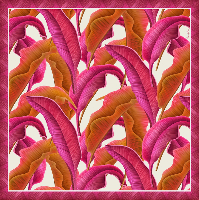 Lenço Pink Folhagem em cetim de seda | 110x110cm