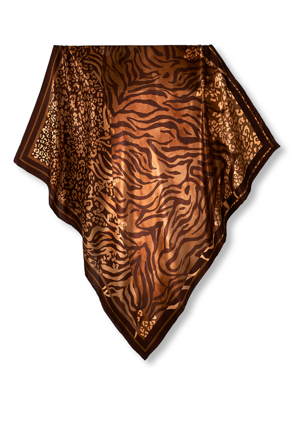 Print Selvagem brown double-sided scarf in silk satin | 90x90cm