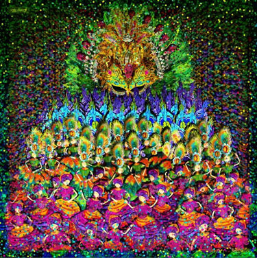 Imagem da estampa sapucaí com estampa colorida que remete a carnaval.