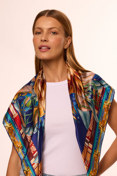 Lenço Tribal Leão em cetim de seda | 90x90cm