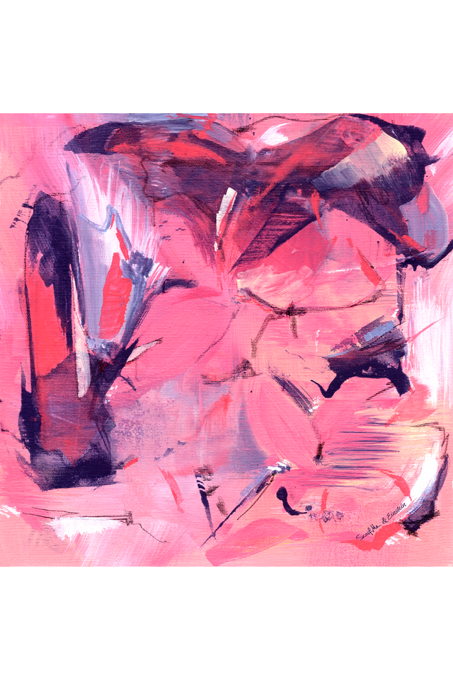 Imagem da estampa do lenço Vestígios, em tons de rosa, azul e branco.