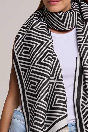 Pashmina off white/preto Geométrica em toque de lã
