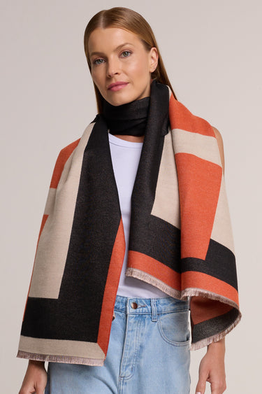Black/Orange Geometric Pashmina with a Wool Feel