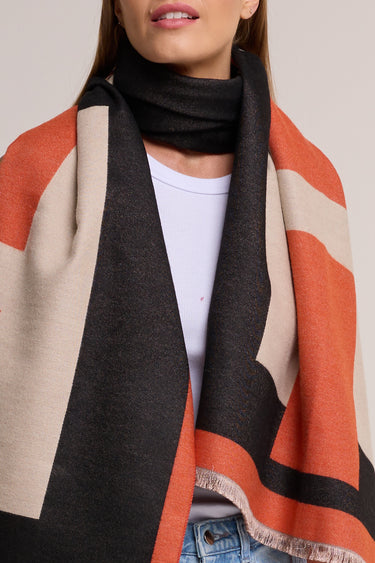 Black/Orange Geometric Pashmina with a Wool Feel
