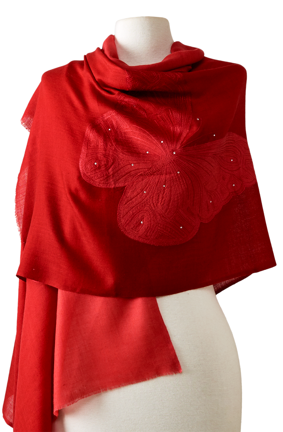 Cashmere Red butterfly embroidery