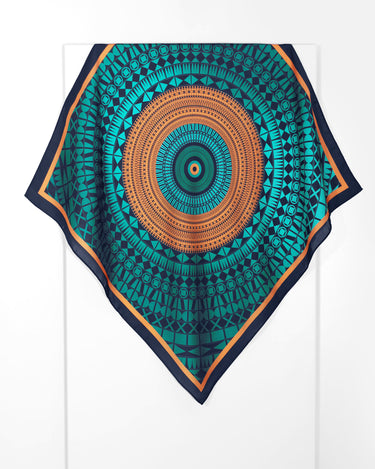 lenço bandana para cabeça e pescoço mandala geometria em cetim poliéster 50x50cm