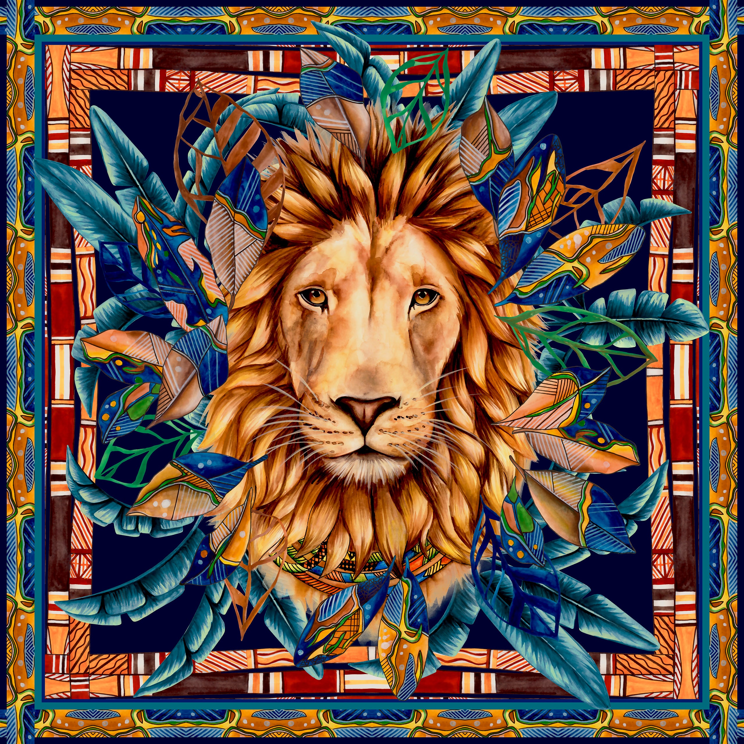 Tribal Lion Scarf in silk satin | 40x40cm